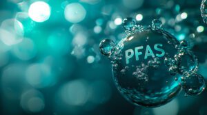 Close up image of a PFAS molecule with an aqua colored background
