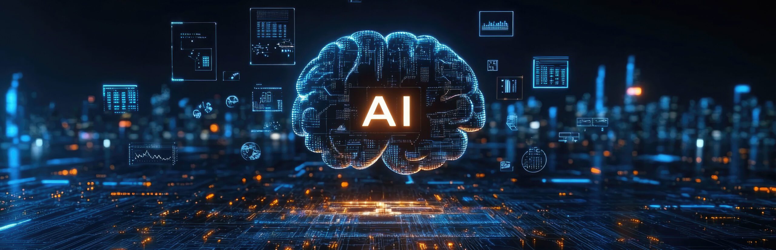 Image of a brain with circuits and holograms representing AI learning