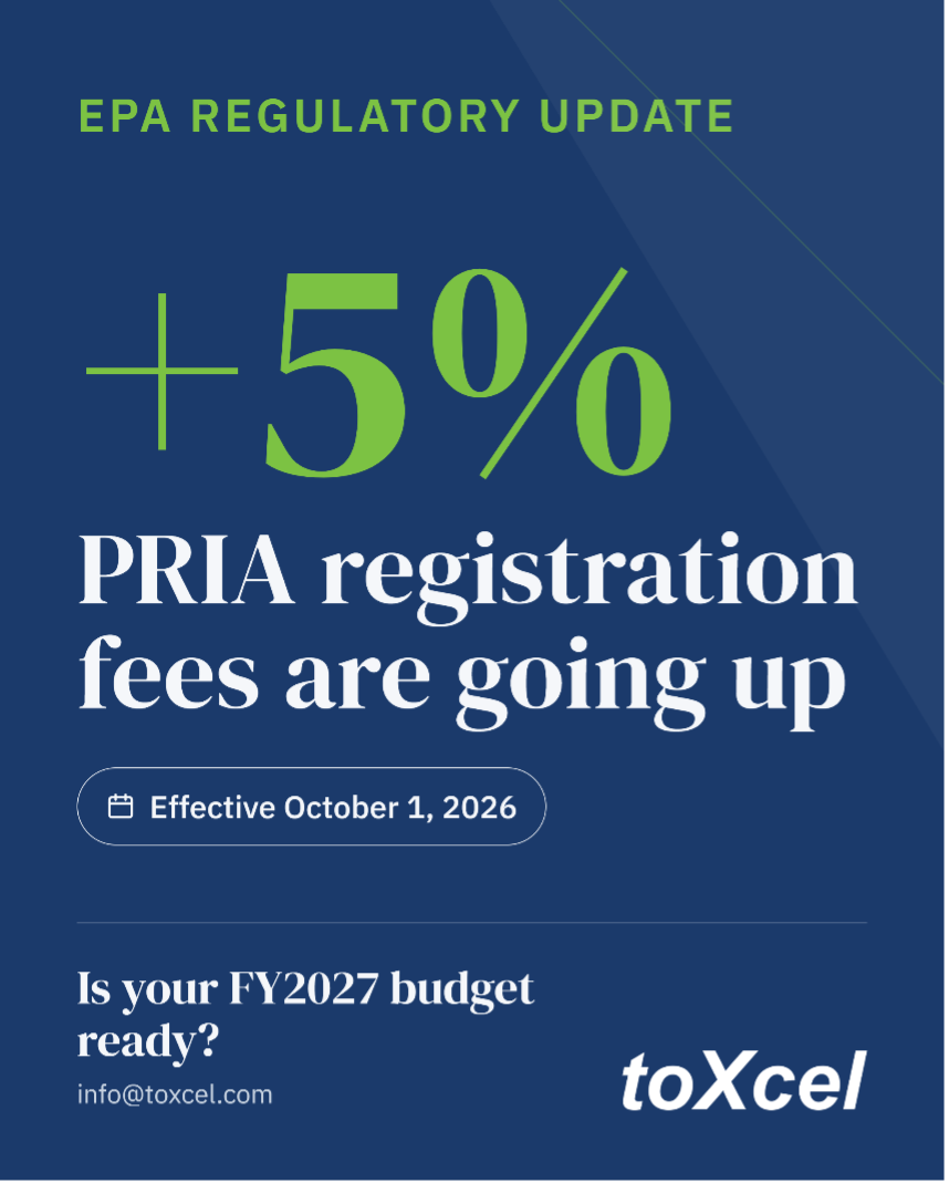 EPA regulatory update announcing a 5% increase in PRIA registration fees effective October 1, 2026, with a reminder to prepare FY2027 budgets